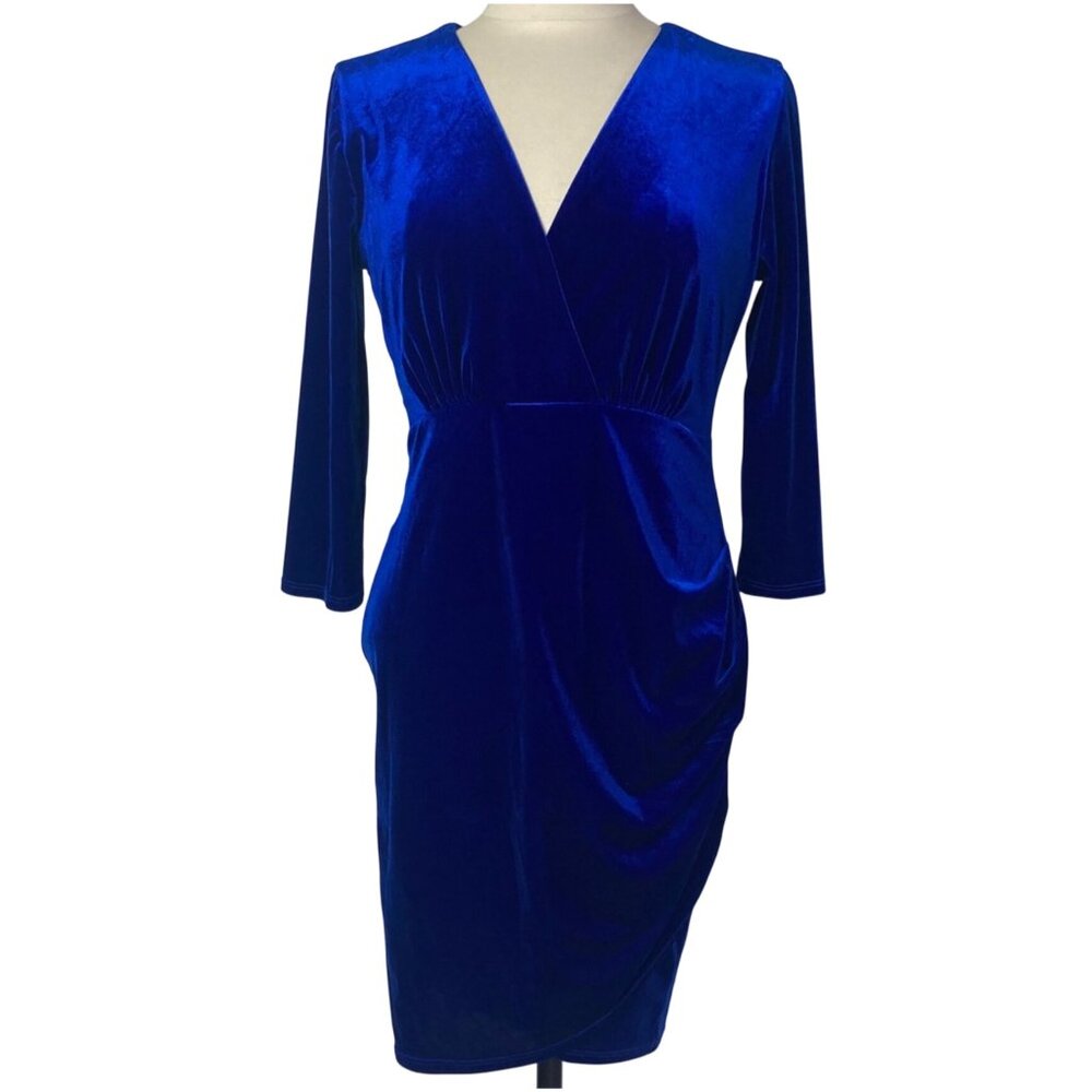 Lulus Royal Blue Velvet Wrap Dress Medium Side Ruching 3/4 Sleeves Made in USA